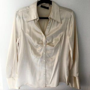CLASSIQUES ENTIER Beige SILK Ruched Chest Long Sleeve Button BLOUSE M